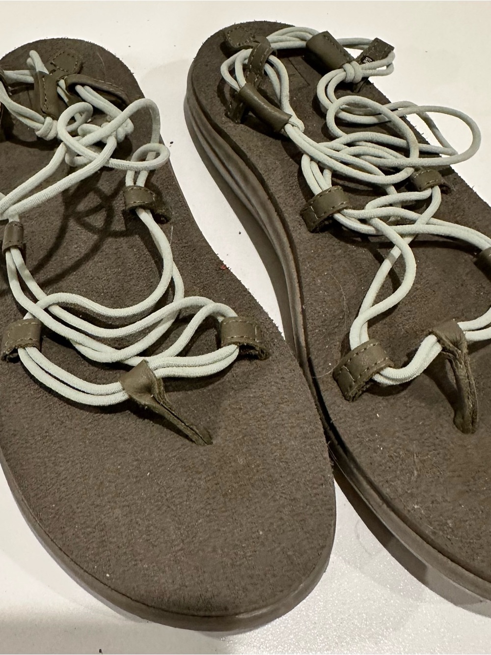 Teva Olive and White Rope-Lace Platform Sandals